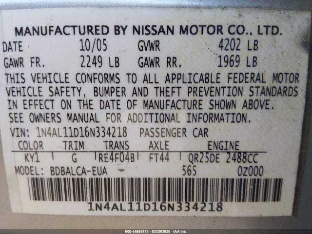 2006 NISSAN ALTIMA 1N4AL11D16N334218 Photo 8