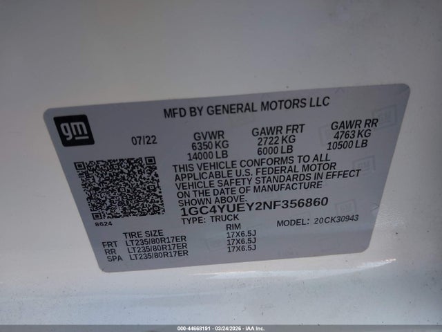 44668191 :رقم المزاد ، 1GC4YUEY2NF356860 vin ، 2022 Chevrolet Silverado 3500hd 4wd  Long Bed Ltz مزاد بيع
