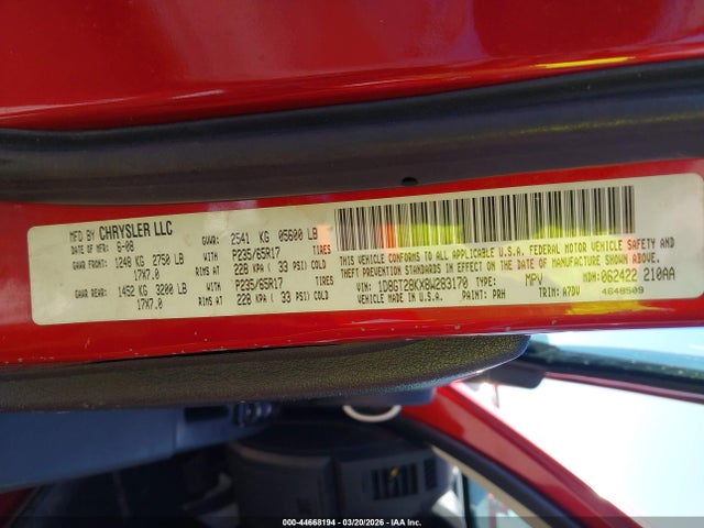 44668194 :رقم المزاد ، 1D8GT28KX8W283170 vin ، 2008 Dodge Nitro Sxt مزاد بيع