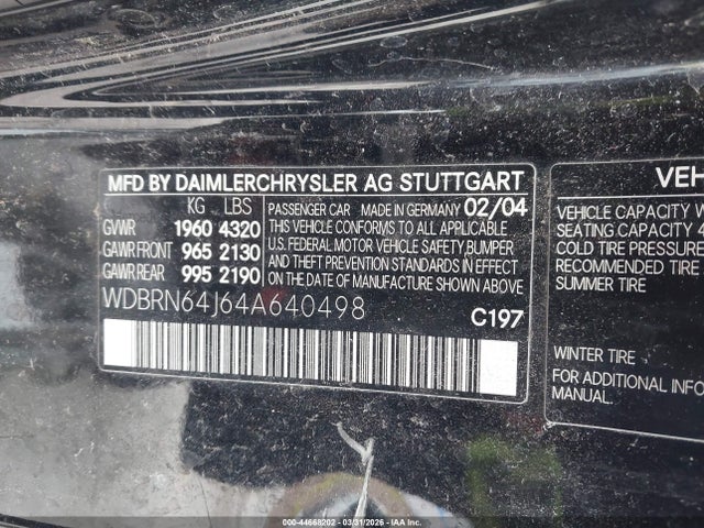 44668202 :رقم المزاد ، WDBRN64J64A640498 vin ، 2004 Mercedes-benz C 320 Sport مزاد بيع