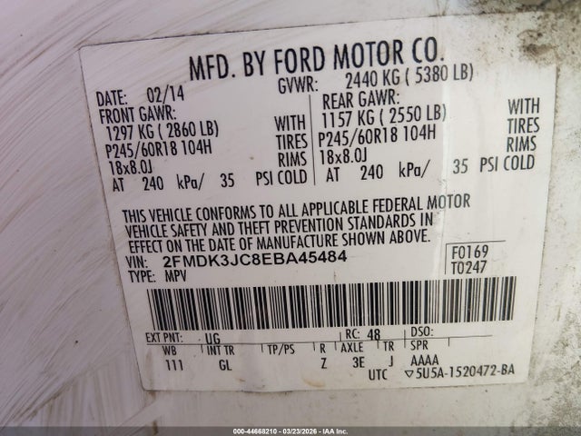 Продаж на аукціоні авто 2014 Ford Edge Sel, vin: 2FMDK3JC8EBA45484, номер лоту: 44668210