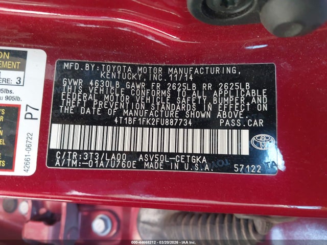 Toyota CAMRY XLE 2015 4T1BF1FK2FU887734 Image 9