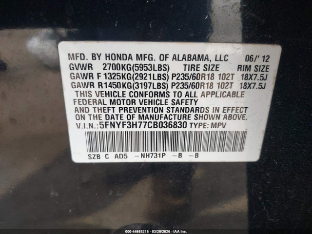 Продажа на аукционе авто 2012 Honda Pilot Ex-l, vin: 5FNYF3H77CB036830, номер лота: 44668216