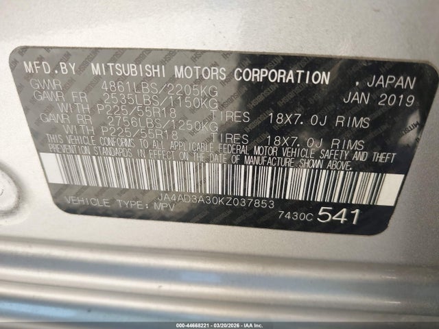 2019 MITSUBISHI OUTLANDER JA4AD3A30KZ037853 Photo 8