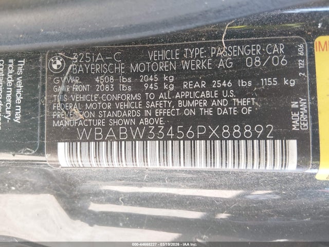 2006 Bmw 325ci მანქანა იყიდება აუქციონზე, vin: WBABW33456PX88892, აუქციონის ნომერი: 44668227