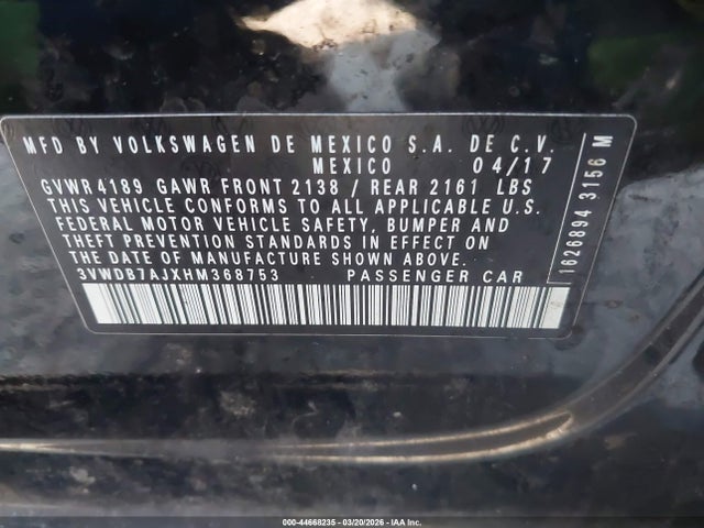 Продаж на аукціоні авто 2017 Volkswagen Jetta 1.4t Se, vin: 3VWDB7AJXHM368753, номер лоту: 44668235