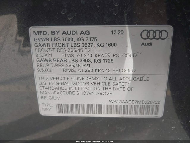 Aukcja sprzedaży 2021 Audi E-tron Sportback Prestige Quattro, vin: WA13AAGE7MB020722, numer aukcji: 44668239