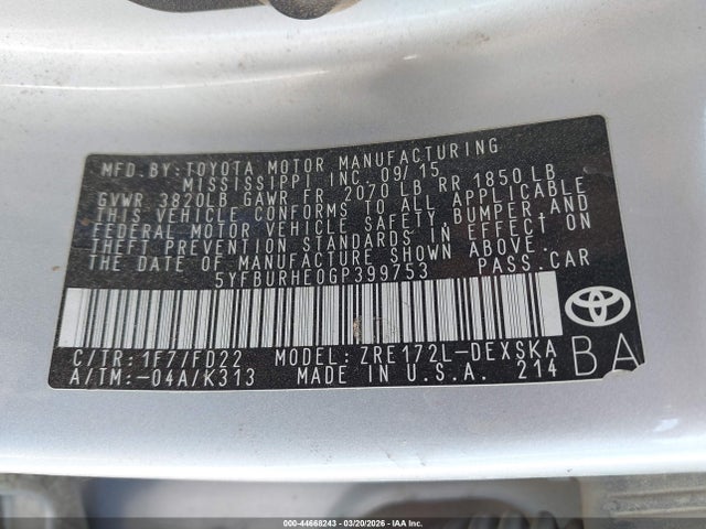 Toyota Corolla S Plus 2016 5YFBURHE0GP399753 Image 9