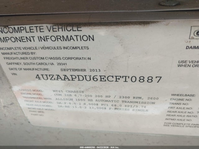 Freightliner Chassis M Line Walk-in Van 2014 4UZAAPDU6ECFT0887 Image 9