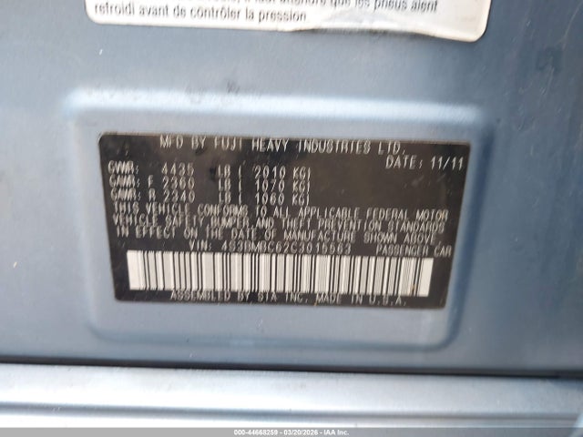 44668259 :رقم المزاد ، 4S3BMBC62C3015563 vin ، 2012 Subaru Legacy 2.5i Premium مزاد بيع