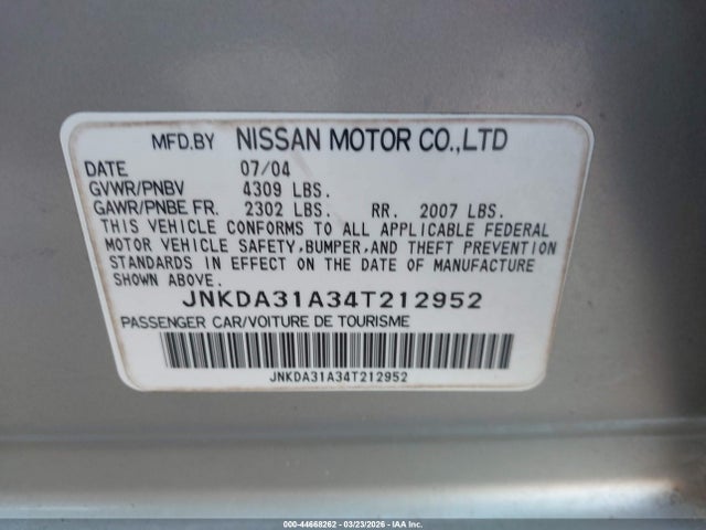 44668262 :رقم المزاد ، JNKDA31A34T212952 vin ، 2004 Infiniti I35 Luxury مزاد بيع