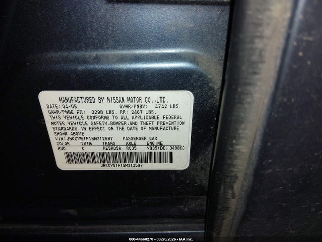 2005 Infiniti G35x მანქანა იყიდება აუქციონზე, vin: JNKCV51F15M312597, აუქციონის ნომერი: 44668278