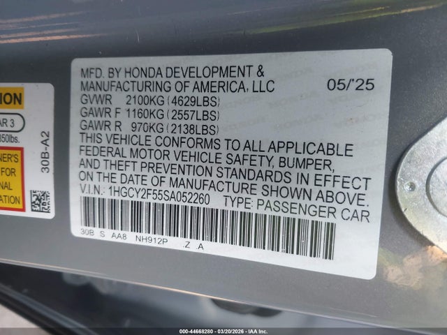 Продажа на аукционе авто 2025 Honda Accord Hybrid Sport, vin: 1HGCY2F55SA052260, номер лота: 44668280