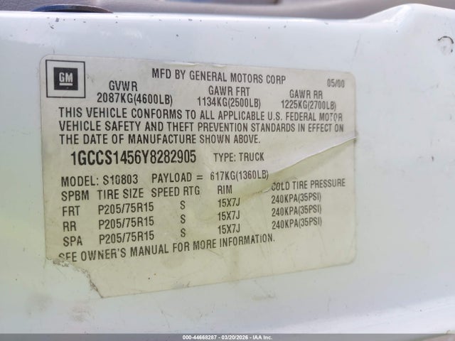 Aukcja sprzedaży 2000 Chevrolet S-10, vin: 1GCCS1456Y8282905, numer aukcji: 44668287