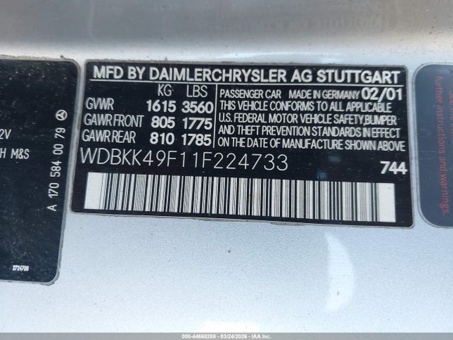 Aukcja sprzedaży 2001 Mercedes-benz Slk 230 Kompressor, vin: WDBKK49F11F224733, numer aukcji: 44668288