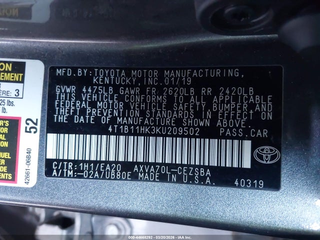 4T1B11HK3KU209502 Toyota CAMRY SE