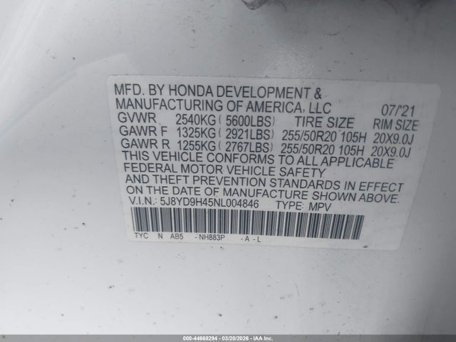Продаж на аукціоні авто 2022 Acura Mdx Technology Package, vin: 5J8YD9H45NL004846, номер лоту: 44668294