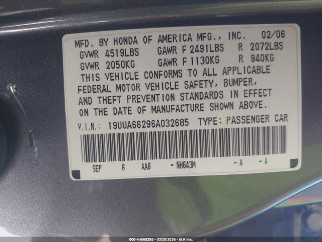 Продажа на аукционе авто 2006 Acura Tl, vin: 19UUA66296A032685, номер лота: 44668295
