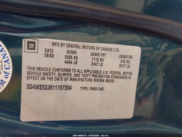 44668310 :رقم المزاد ، 2G4WS52J611157394 vin ، 2001 Buick Century Custom مزاد بيع