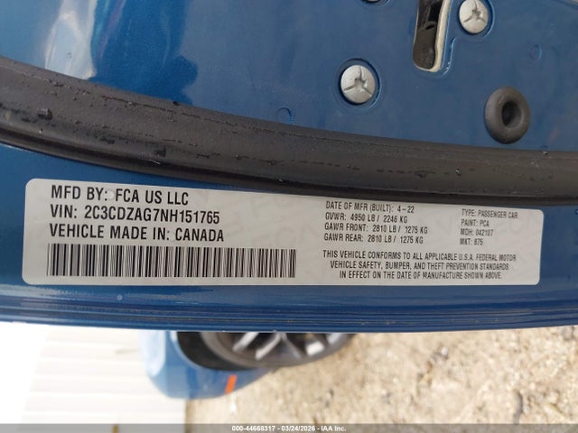 2022 Dodge Challenger Sxt მანქანა იყიდება აუქციონზე, vin: 2C3CDZAG7NH151765, აუქციონის ნომერი: 44668317