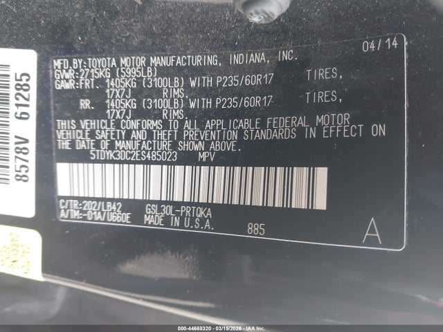 5TDYK3DC2ES485023 Toyota Sienna Xle V6 8 Passenger