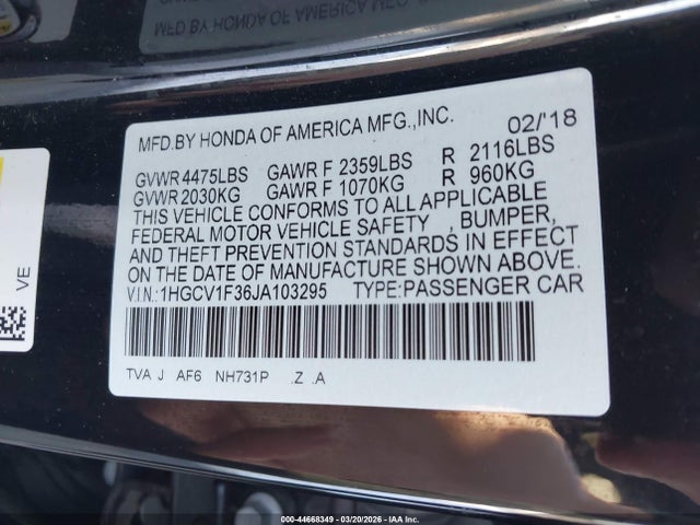 Продаж на аукціоні авто 2018 Honda Accord Sport, vin: 1HGCV1F36JA103295, номер лоту: 44668349