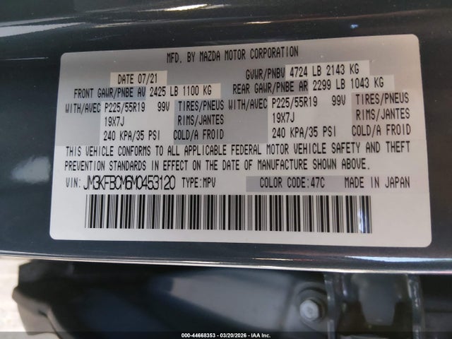 44668353 :رقم المزاد ، JM3KFBCM6M0453120 vin ، 2021 Mazda Cx-5 Carbon Edition مزاد بيع