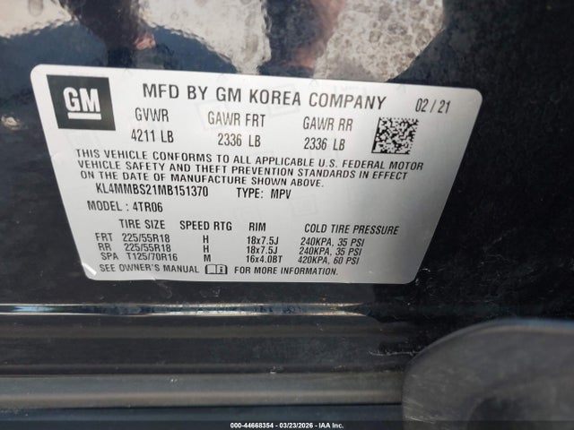 44668354 :رقم المزاد ، KL4MMBS21MB151370 vin ، 2021 Buick Encore Gx Fwd Preferred مزاد بيع