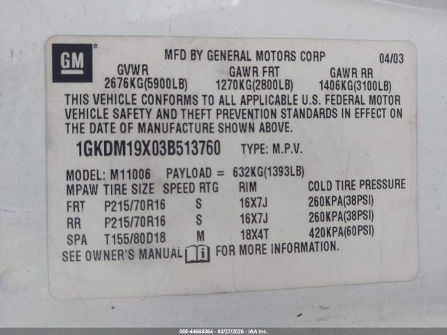 44668364 :رقم المزاد ، 1GKDM19X03B513760 vin ، 2003 Gmc Safari مزاد بيع