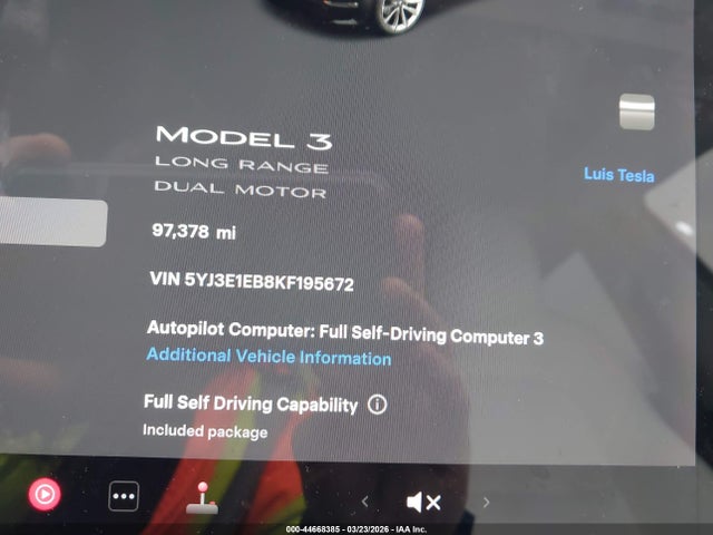 Auction sale of the 2019 Tesla Model 3 Long Range/performance, vin: 5YJ3E1EB8KF195672, lot number: 44668385