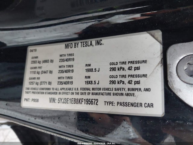 Auction sale of the 2019 Tesla Model 3 Long Range/performance, vin: 5YJ3E1EB8KF195672, lot number: 44668385