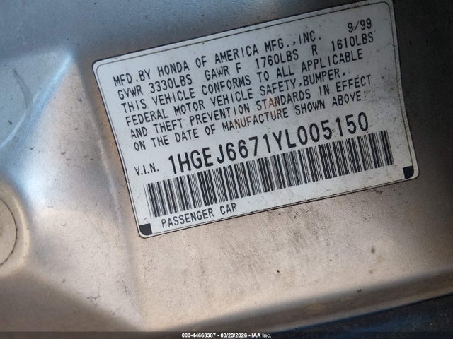 Aukcja sprzedaży 2000 Honda Civic Lx, vin: 1HGEJ6671YL005150, numer aukcji: 44668387