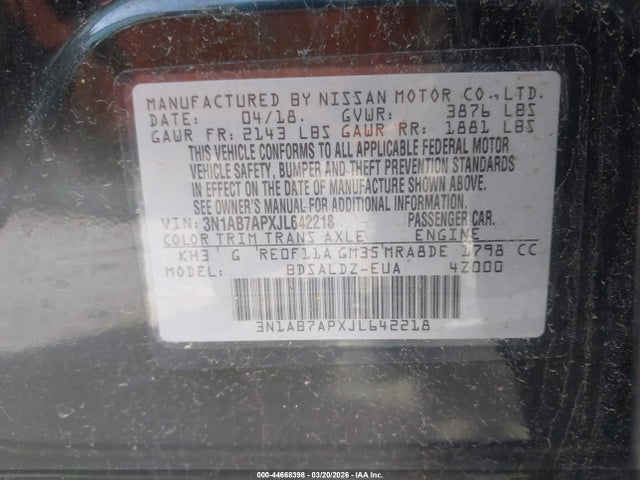 2018 Nissan Sentra Sv მანქანა იყიდება აუქციონზე, vin: 3N1AB7APXJL642218, აუქციონის ნომერი: 44668398