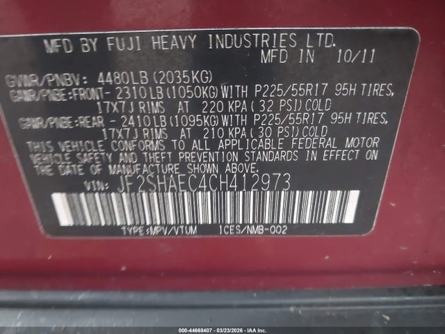 Продаж на аукціоні авто 2012 Subaru Forester 2.5x Limited, vin: JF2SHAEC4CH412973, номер лоту: 44668407