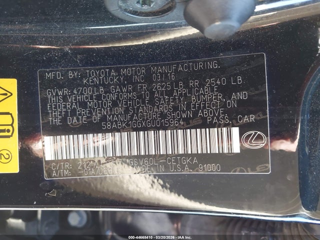 Aukcja sprzedaży 2016 Lexus Es 350, vin: 58ABK1GGXGU015964, numer aukcji: 44668410