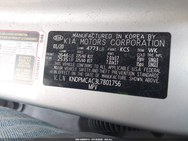 44668414 :رقم المزاد ، KNDPMCAC3L7801756 vin ، 2020 Kia Sportage Lx مزاد بيع