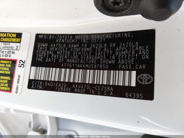 Продаж на аукціоні авто 2021 Toyota Camry Se, vin: 4T1G11AK4MU587850, номер лоту: 44668425