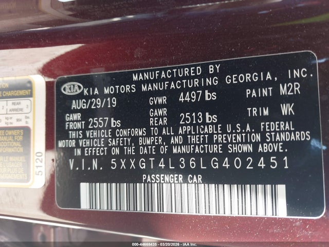2020 Kia Optima Lx მანქანა იყიდება აუქციონზე, vin: 5XXGT4L36LG402451, აუქციონის ნომერი: 44668435