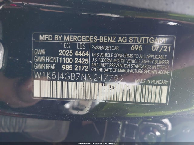 Aukcja sprzedaży 2022 Mercedes-benz Cla 250 Coupe, vin: W1K5J4GB7NN247792, numer aukcji: 44668437