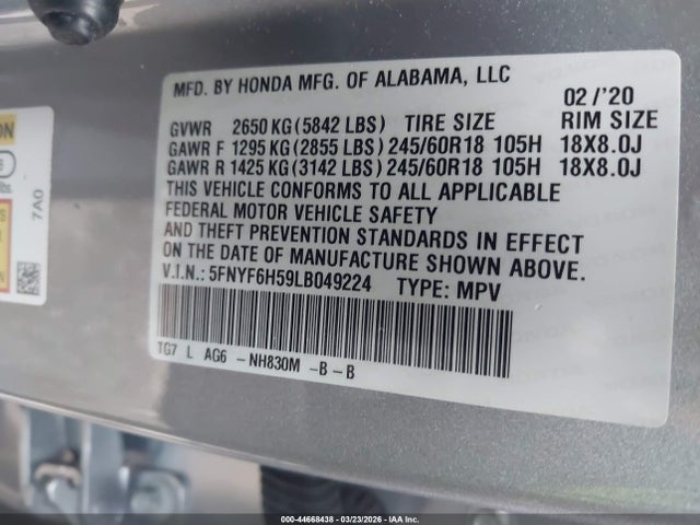 5FNYF6H59LB049224 Honda Pilot Ex-l