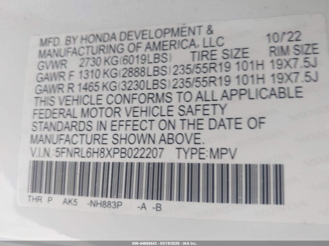 2023 HONDA ODYSSEY 5FNRL6H8XPB022207 Photo 8