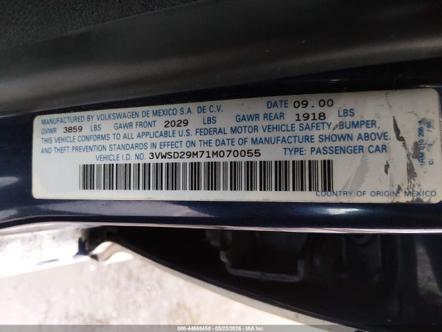 Продаж на аукціоні авто 2001 Volkswagen Jetta Gls 1.8l Turbo, vin: 3VWSD29M71M070055, номер лоту: 44668450