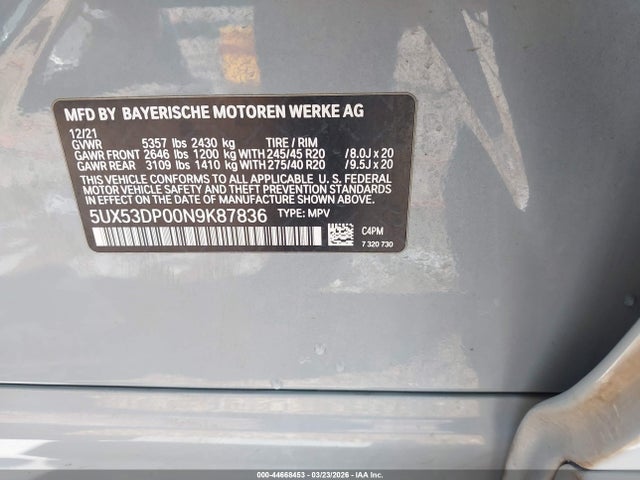 Aukcja sprzedaży 2022 Bmw X3 Xdrive30i, vin: 5UX53DP00N9K87836, numer aukcji: 44668453