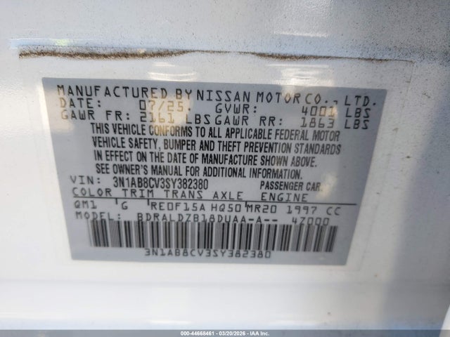 Продажа на аукционе авто 2025 Nissan Sentra Sv, vin: 3N1AB8CV3SY382380, номер лота: 44668461