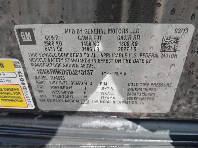 Aukcja sprzedaży 2013 Gmc Acadia Slt-1, vin: 1GKKRRKD6DJ213137, numer aukcji: 44668472