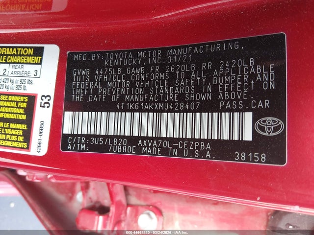 2021 TOYOTA CAMRY 4T1K61AKXMU428407 Photo 8