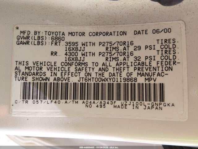 Aukcja sprzedaży 2000 Lexus Lx 470, vin: JT6HT00WXY0119868, numer aukcji: 44668485