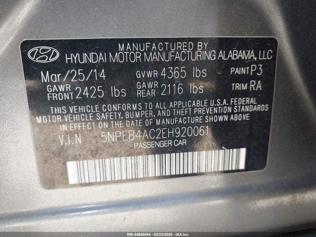 5NPEB4AC2EH920061 Hyundai SONATA GLS