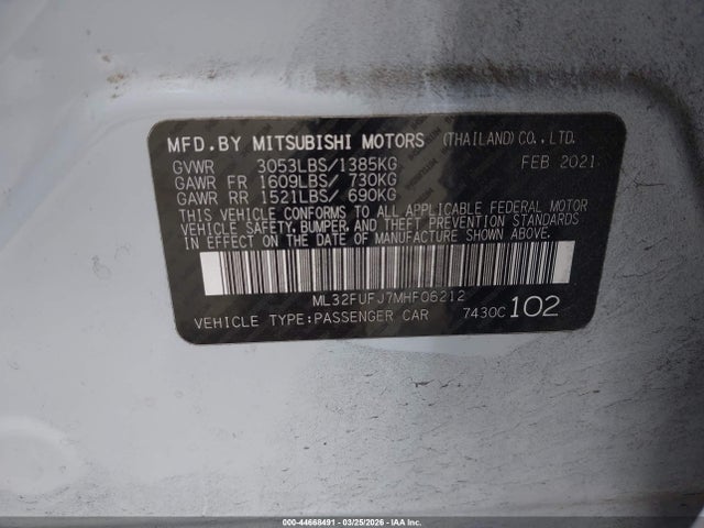 Продаж на аукціоні авто 2021 Mitsubishi Mirage G4 Carbonite Edition/es/le, vin: ML32FUFJ7MHF06212, номер лоту: 44668491