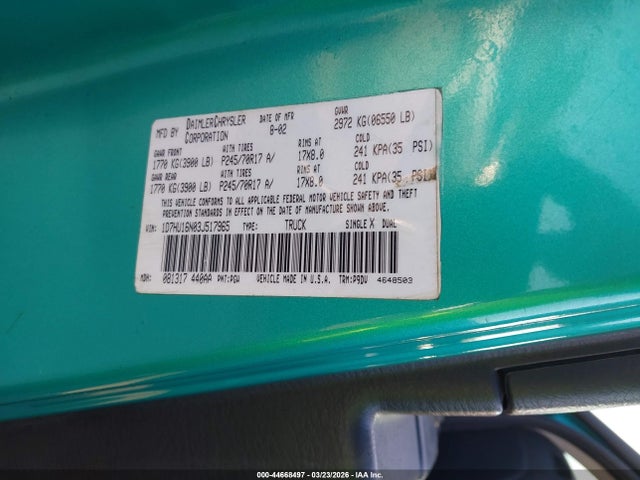 Продаж на аукціоні авто 2003 Dodge Ram 1500 Slt/laramie/st, vin: 1D7HU16N03J517965, номер лоту: 44668497